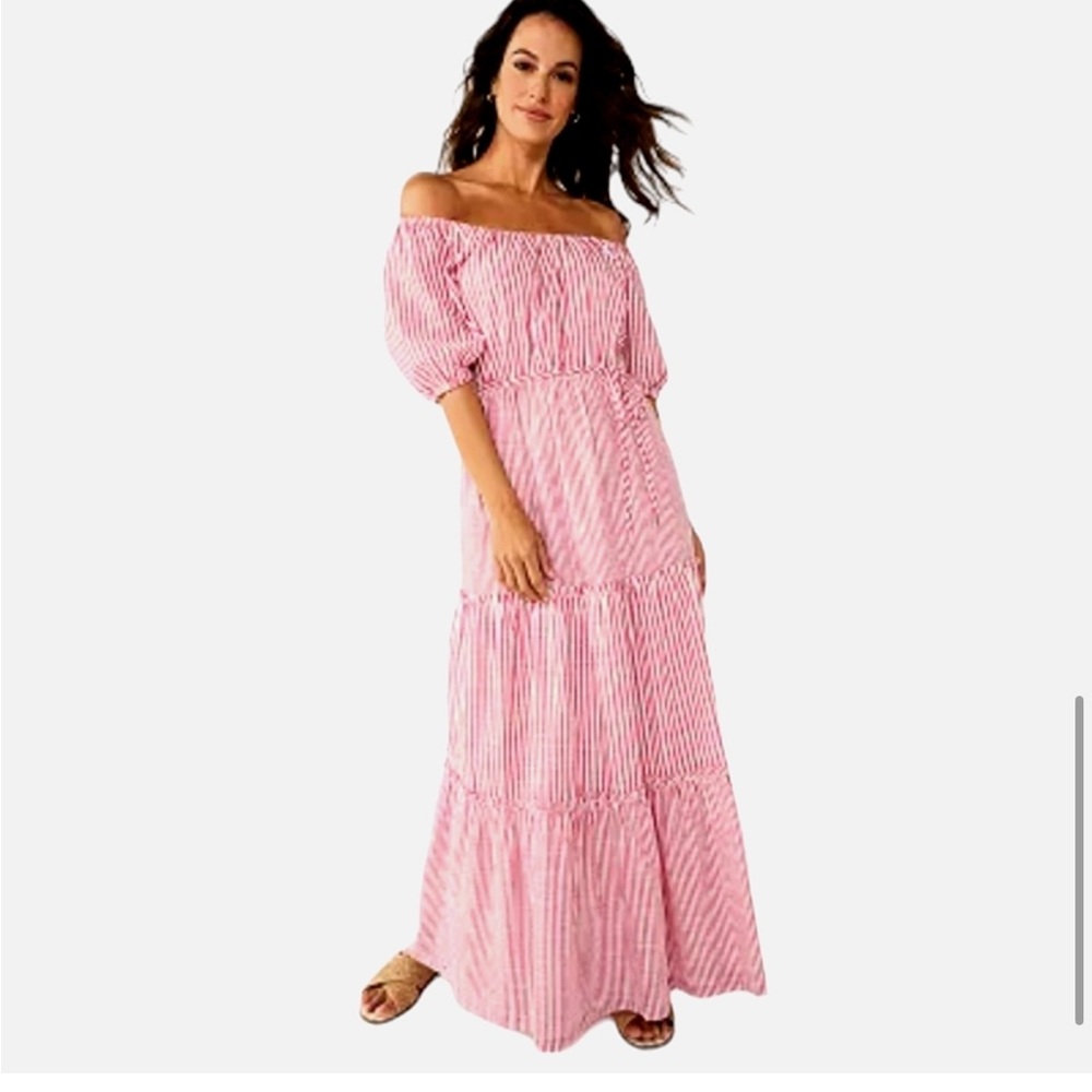 NWT Draper James Off Shoulder Red/White Stripe Elastic Waist Tiered Maxidress